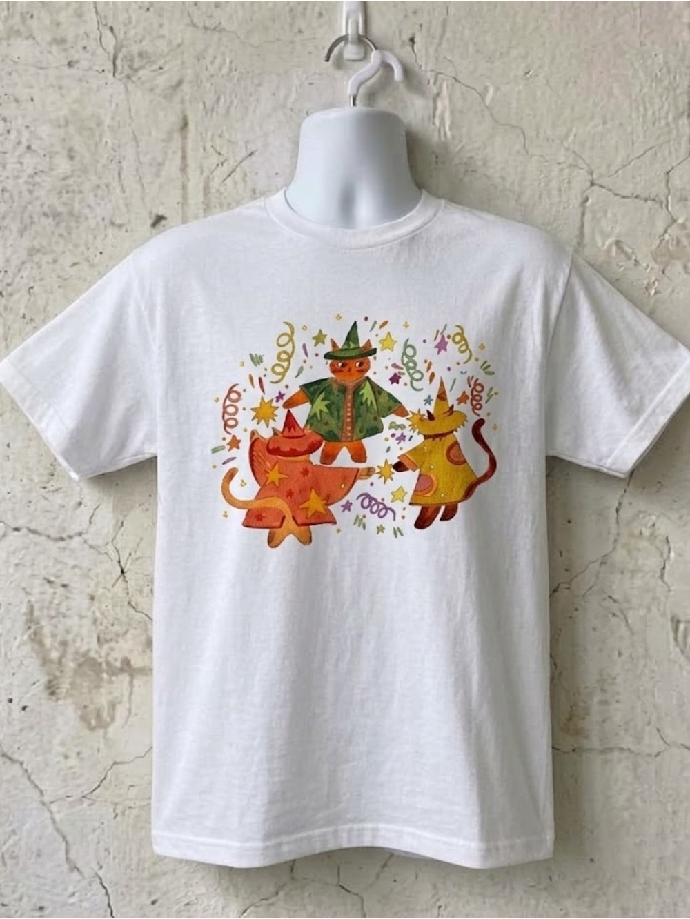 Wizard Cats Party Graphic T-Shirt – White Unisex Tee